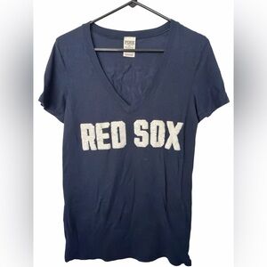PINK Victoria's Secret Navy Red Sox Sequin Letter Vneck Tee
